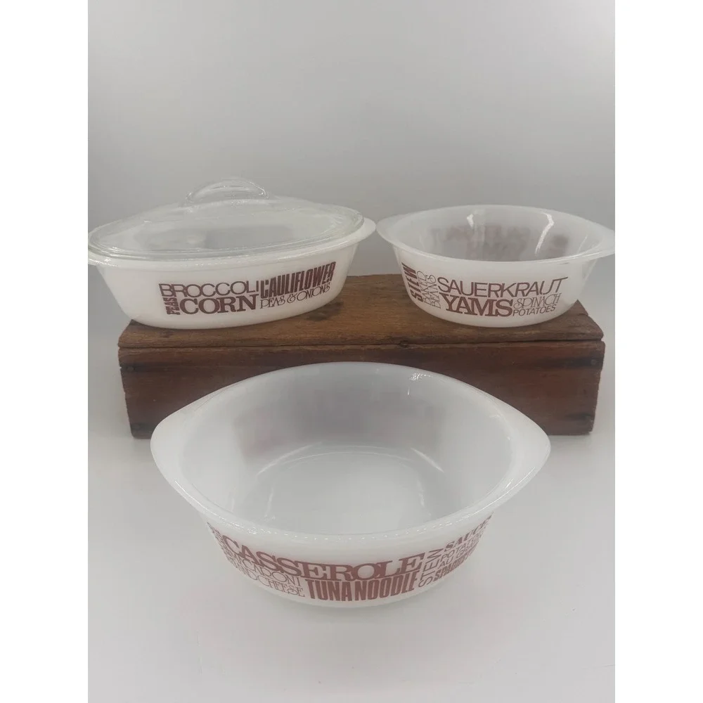 Glasbake Milk Glass Casserole Set 4pc Brown Typography J-235 J-510 J-514 Vintage